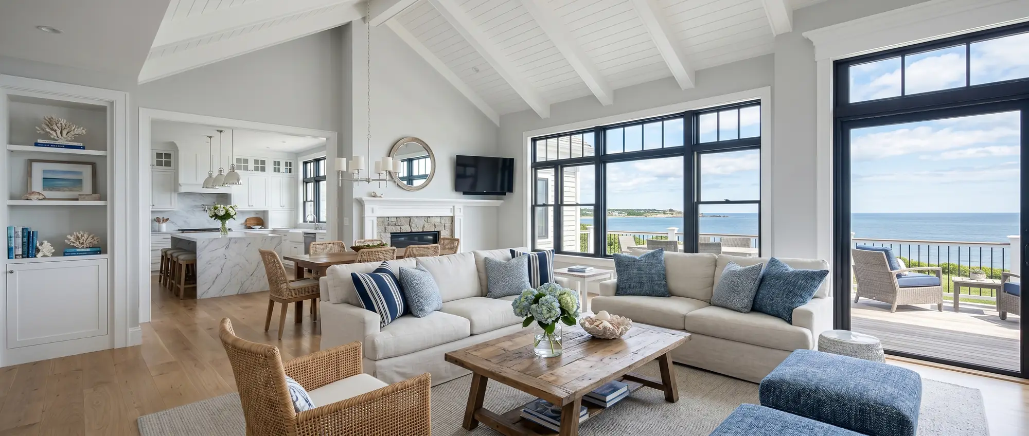 Open-concept coastal living room with vaulted ceiling, fireplace, and ocean views in a Cape Cod custom home by AJ Home Builders