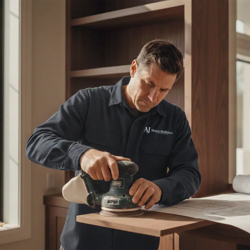 AJ Home Builders craftsman hand-finishing custom cabinetry
