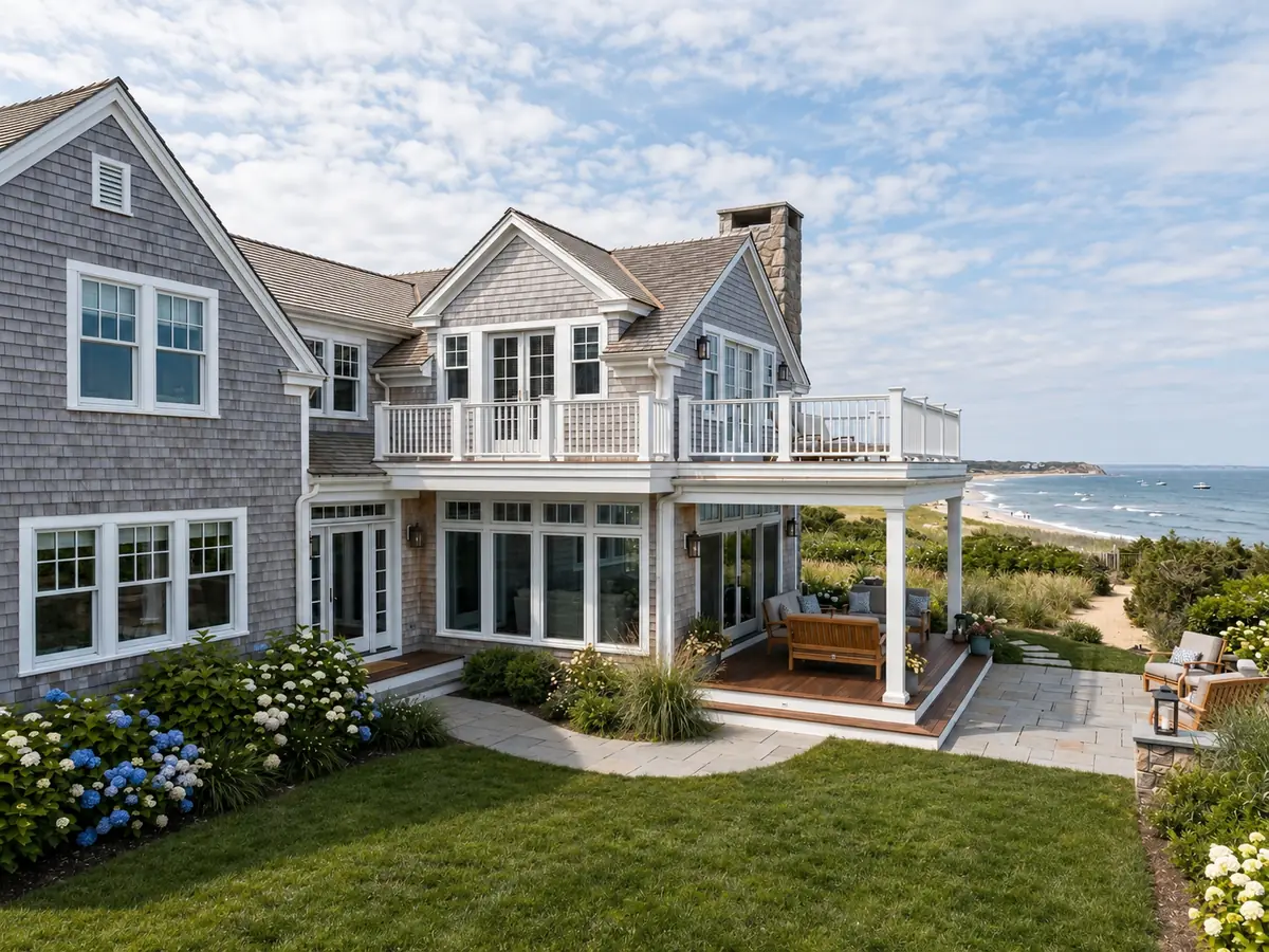 Shingled Cape Cod home addition with covered porch and second-floor deck overlooking the beach