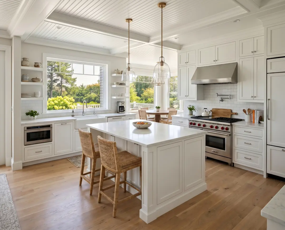 Remodeled coastal kitchen with white cabinetry, quartz island, and professional range